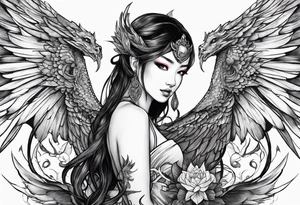 beautiful warrior nymph with large wings coming out of her back and a dragon friend tattoo idea
