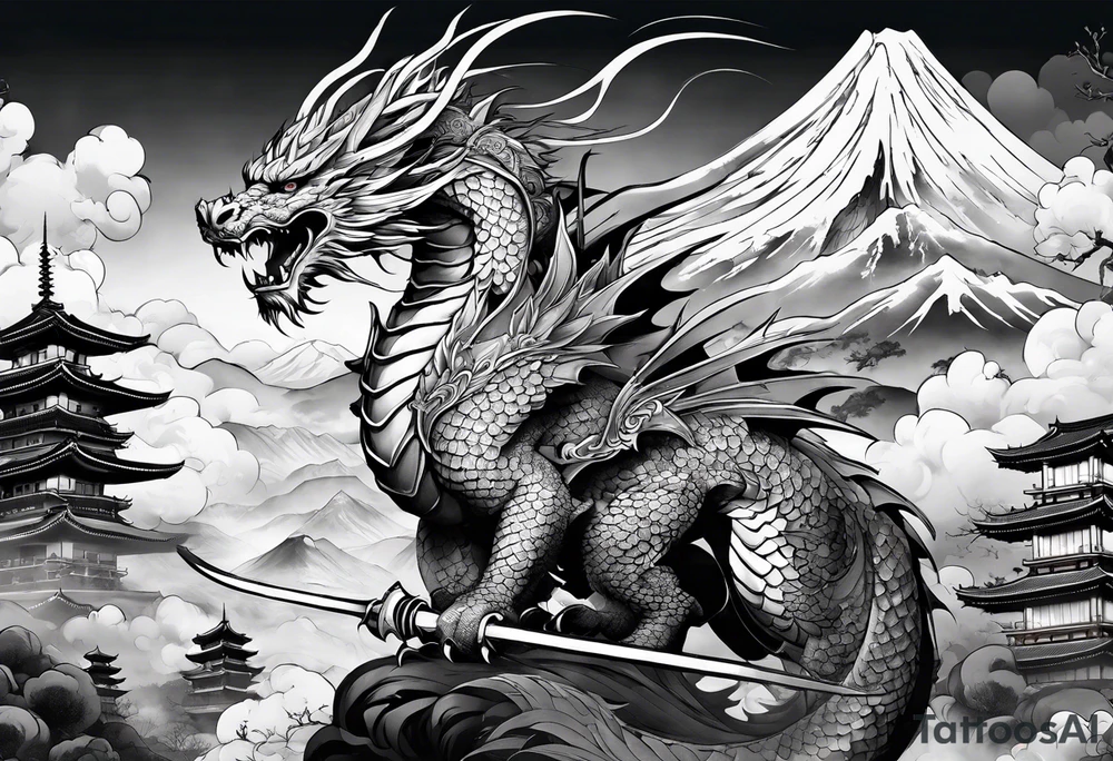 warrior beautiful fairy with a full body with a sword and a full dragon with a mountain with clouds and a Japanese building background tattoo idea