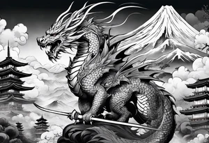 warrior beautiful fairy with a full body with a sword and a full dragon with a mountain with clouds and a Japanese building background tattoo idea