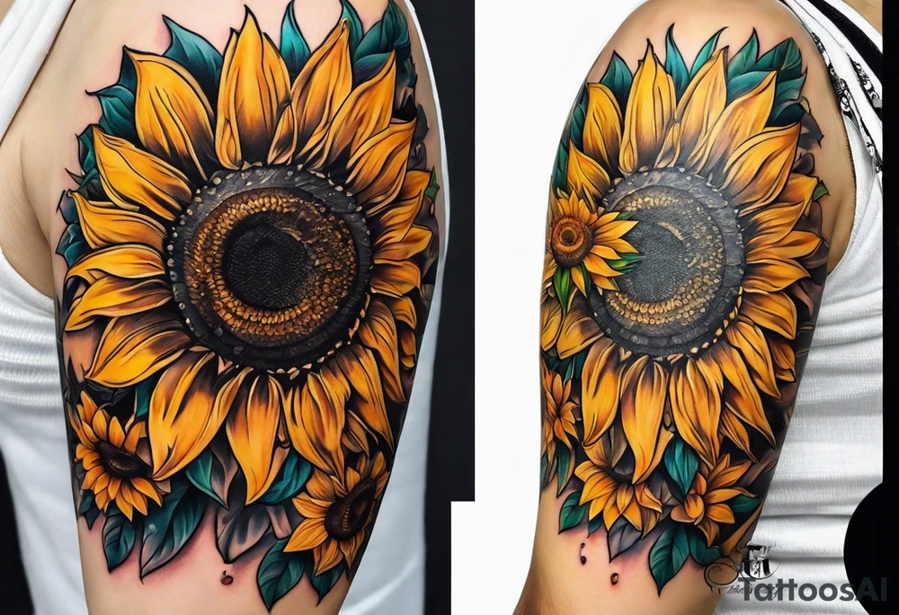 Arm sleeve Foral sunflower and roman numeral tattoo idea