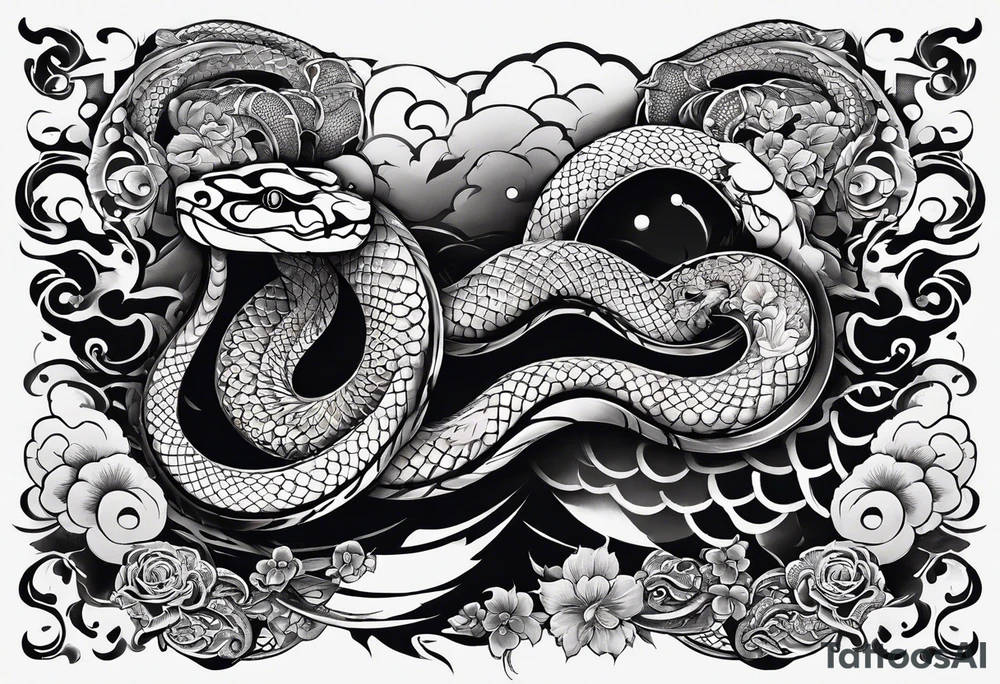 Snake tattoo for placement down along the spine with the head positioned at the bottom in japanese style to symbolise a journey of healing and transformation with reference to ying yang tattoo idea