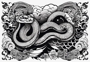 Snake tattoo for placement down along the spine with the head positioned at the bottom in japanese style to symbolise a journey of healing and transformation with reference to ying yang tattoo idea