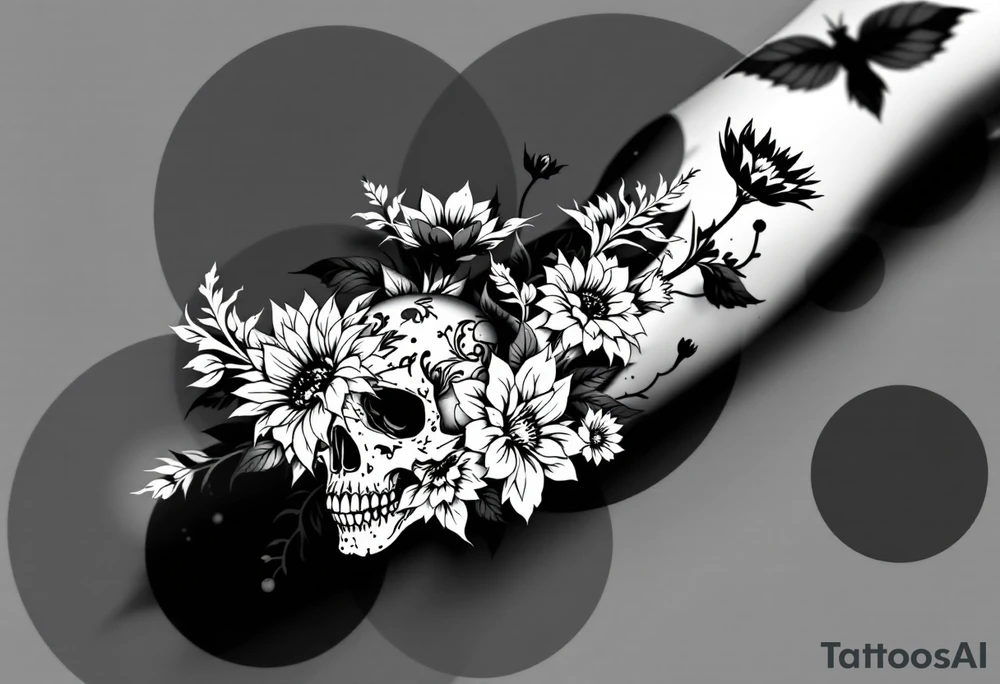 ornate skull adorned with wild roses and sunflowers tattoo idea