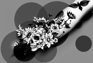 ornate skull adorned with wild roses and sunflowers tattoo idea