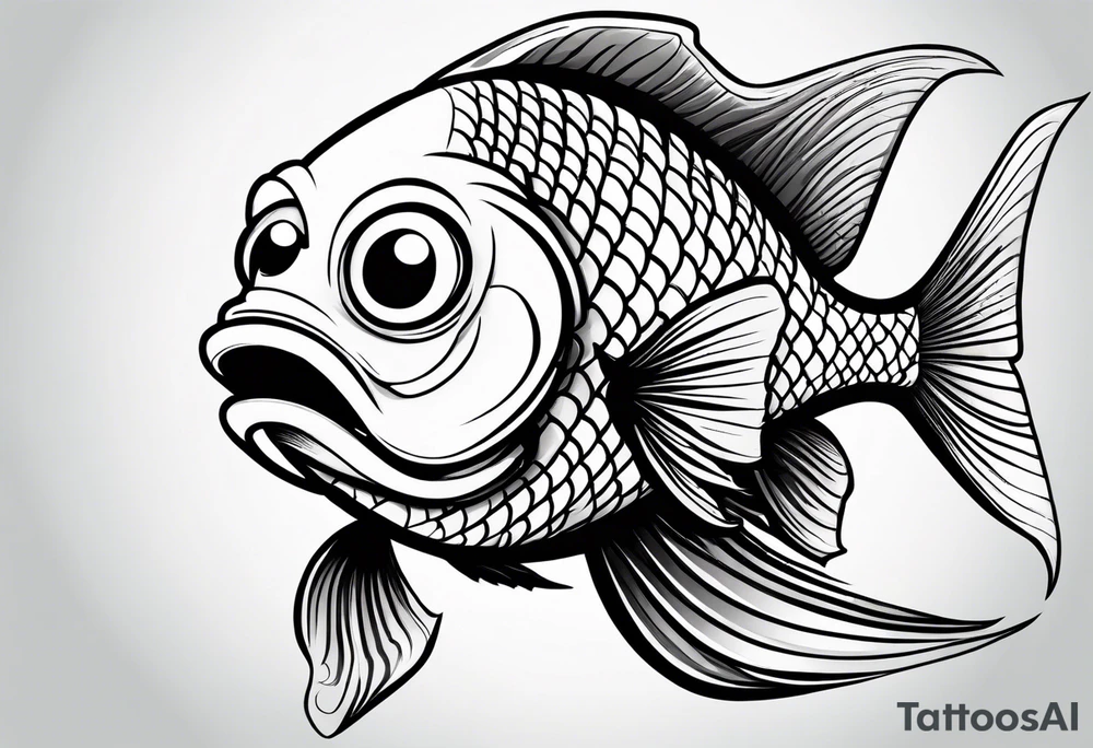 Cartoon fish with a mean face, angry expression, realistic tattoo idea