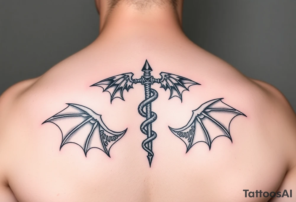Gothic emo Caduceus on forearm with demon wings tattoo idea