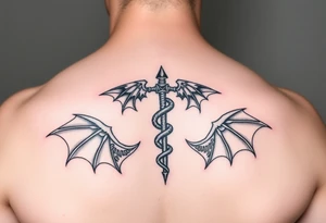 Gothic emo Caduceus on forearm with demon wings tattoo idea