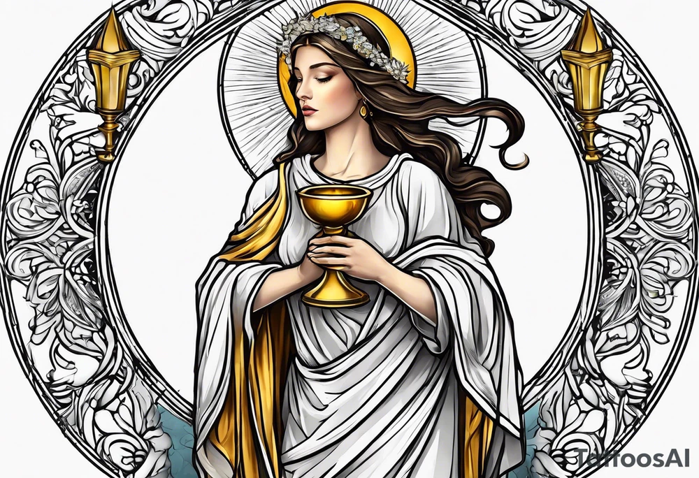 holy saint woman turned away with golden halo holding a chalice tattoo idea