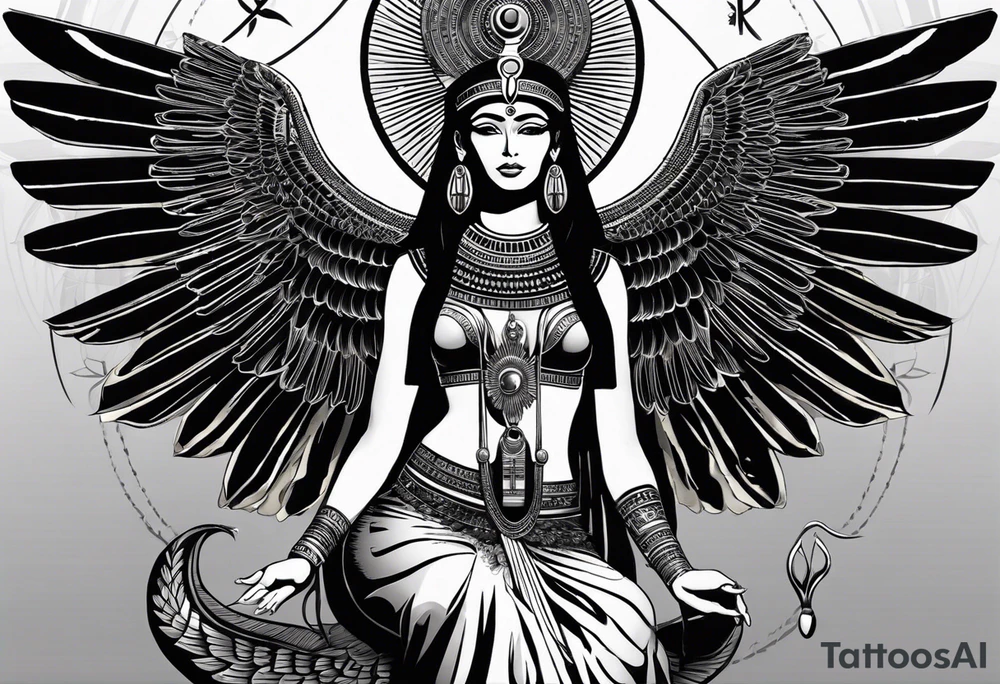 black and white Egyptian goddess Isis, who is often depicted as a woman with outstretched wings, holding an ankh (a symbol of life) in one hand and a lotus flower in the other. Her headdress often includes a throne or a solar disk. The tattoo design can vary in style and size, but it typically aims to capture the essence of this revered Egyptian deity, emphasizing her beauty, power, and maternal qualities. The choice of colors and additional elements can also be customized to create a unique and visually striking representation of the goddess Isis tattoo idea