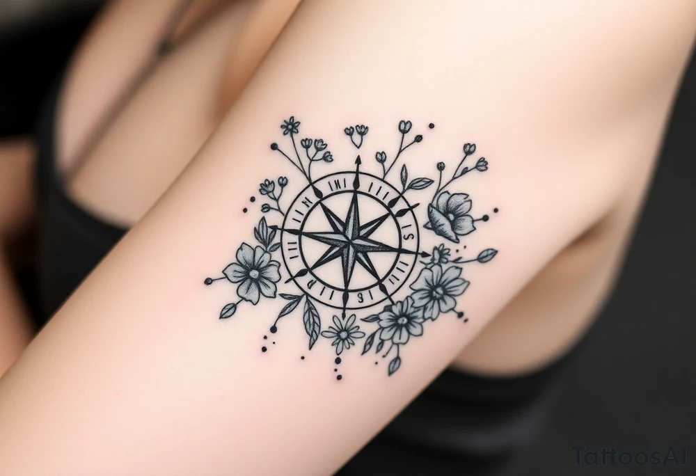 Abstract Compass surrounded with wild flowers tattoo idea