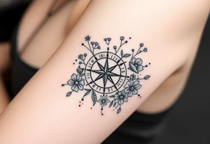 Abstract Compass surrounded with wild flowers tattoo idea