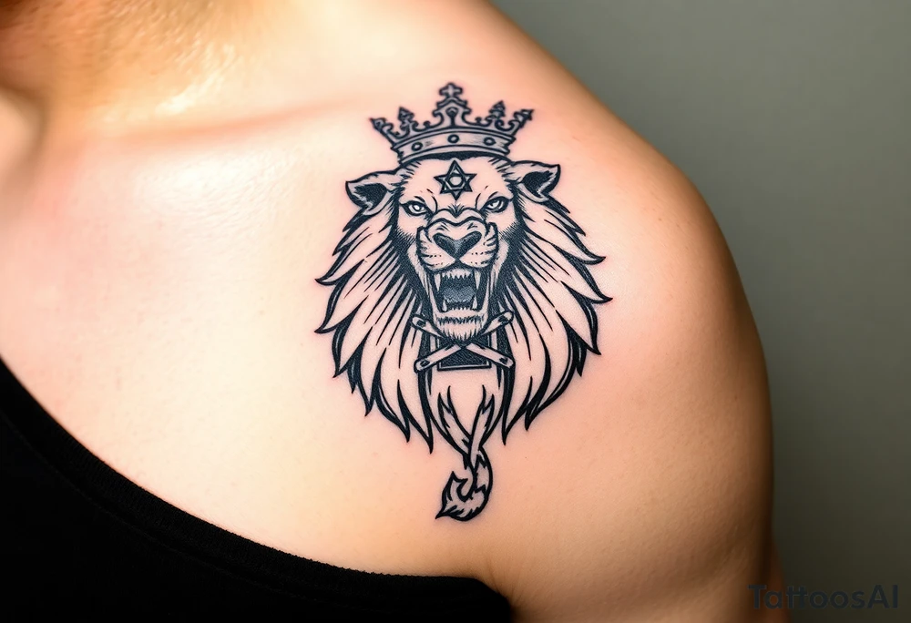 a powerful and majestic lion with a crown and in the middle of this crown a square is a freemason's compass, a realistic scorpion, tattoo idea