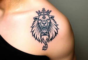 a powerful and majestic lion with a crown and in the middle of this crown a square is a freemason's compass, a realistic scorpion, tattoo idea