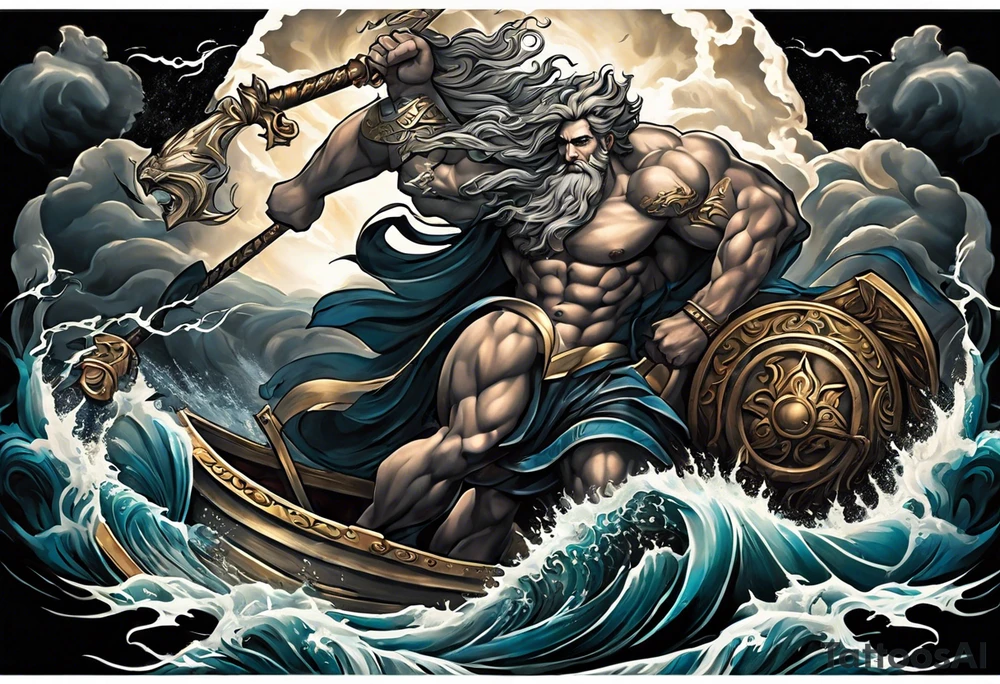 Tattoo sleeve with Zeus, Poseidon and Hades. Zeus holding a thunderbolt aloft in one hand with storm clouds and lightning bolts in the background. Poseidon riding a chariot pulled by seas horses with waves crashing around them. He is also wielding his trident. Hades seated on a dark throne in the underworld, surrounded by shadowy figures tattoo idea