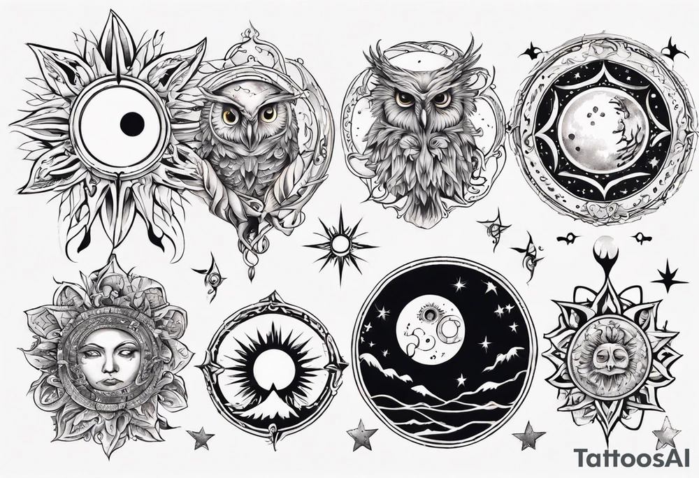 Mond und Sonne mit Eule und Wassermann tattoo idea