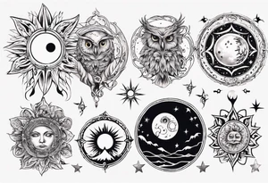 Mond und Sonne mit Eule und Wassermann tattoo idea