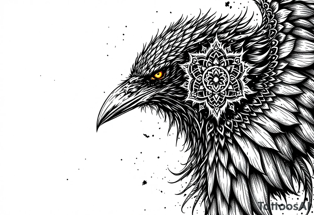 ominous raven with mandala on its wings tattoo idea