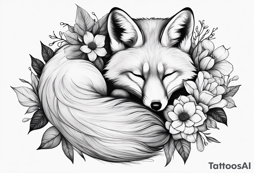 fox, curled up, sleeping, realistic, flowers tattoo idea