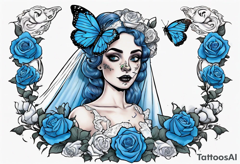 character Emily from the film corps bride. she is wearing a wedding dress. the vail on her head. she is holding a bouquet of blue roses in the middle of the bouquet  there is one white daisy. there is a Blue Morpho butterfly flying around her. A full moon on the background. tattoo idea