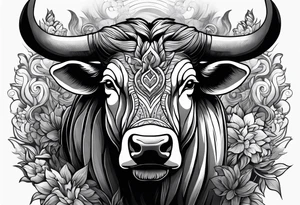 Large bull with horns busting through crowd of people tattoo idea