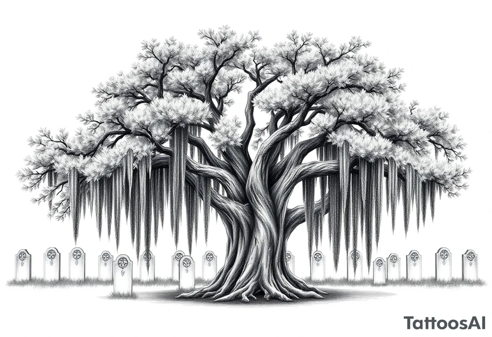 Laurel oak with Spanish moss in a cemetery tattoo idea