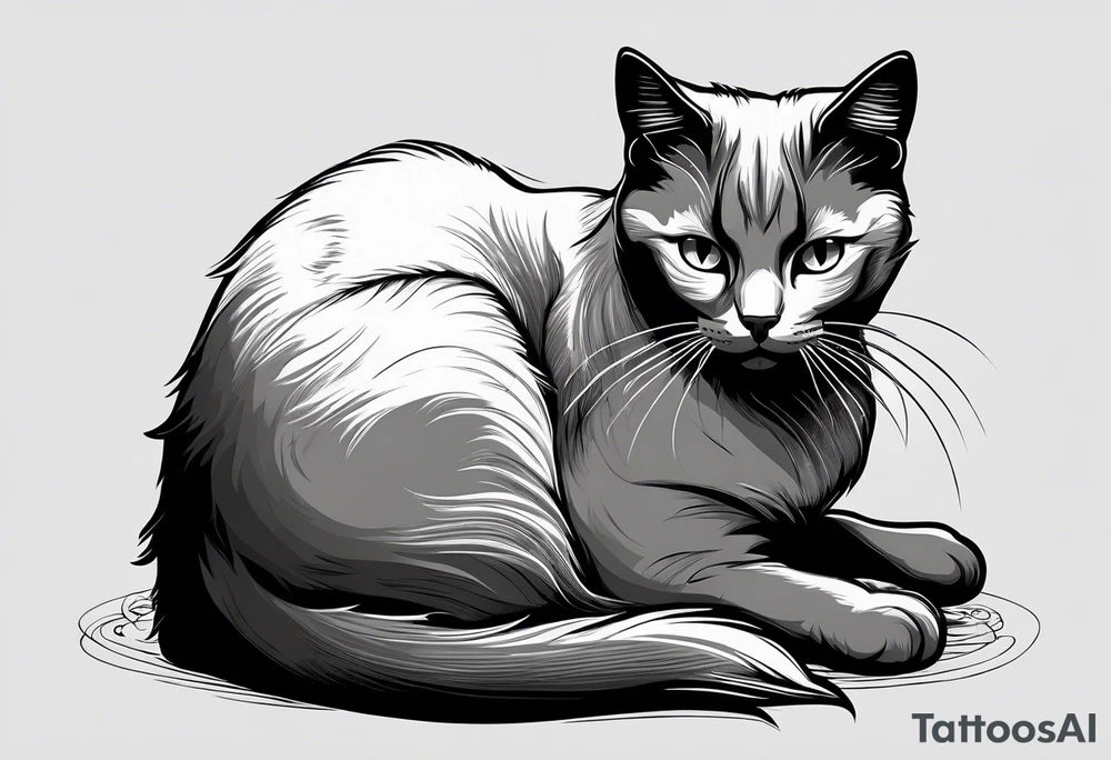 Simple line drawing of a grey cat white some small white patches on her belly and white paws. Face is all grey.  I want her curled up sleeping. tattoo idea