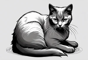 Simple line drawing of a grey cat white some small white patches on her belly and white paws. Face is all grey.  I want her curled up sleeping. tattoo idea
