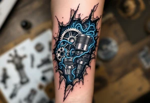 This full-hand design features torn skin revealing chrome gears and pistons with icy blue wiring. tattoo idea