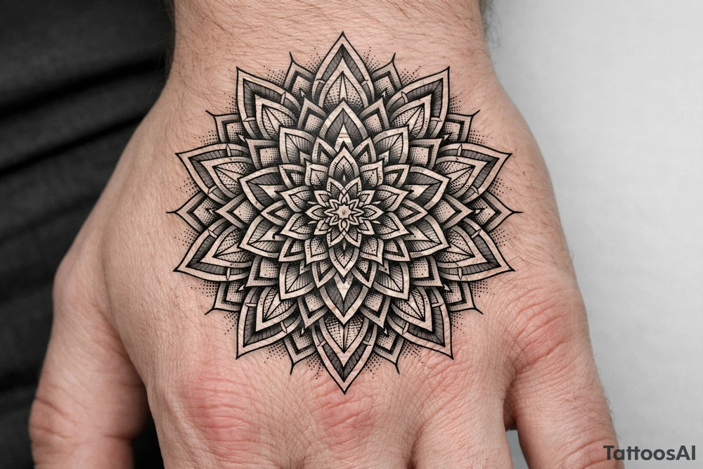 Geometric mandala extension — continuing an existing hand mandala outward with linework petals, sacred-geometry fillers and dotwork shading into the empty skin., Blackwork / geometric dotwork, fine linework, symmetrical mandala style tattoo idea