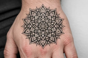 Geometric mandala extension — continuing an existing hand mandala outward with linework petals, sacred-geometry fillers and dotwork shading into the empty skin., Blackwork / geometric dotwork, fine linework, symmetrical mandala style tattoo idea