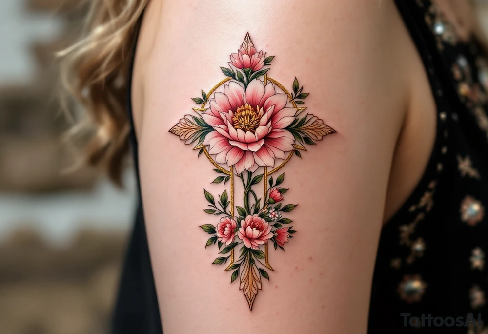 Lada's Symbol — A symmetrical floral cross in soft rose pink and leafy green, resembling a blooming peony, encircled by a golden halo of light, with the Slavic goddess Lada depicted beside it as a serene woman with flowing golden hair, wearing a traditional white and red embroidered dress, holding a wreath of flowers. tattoo idea