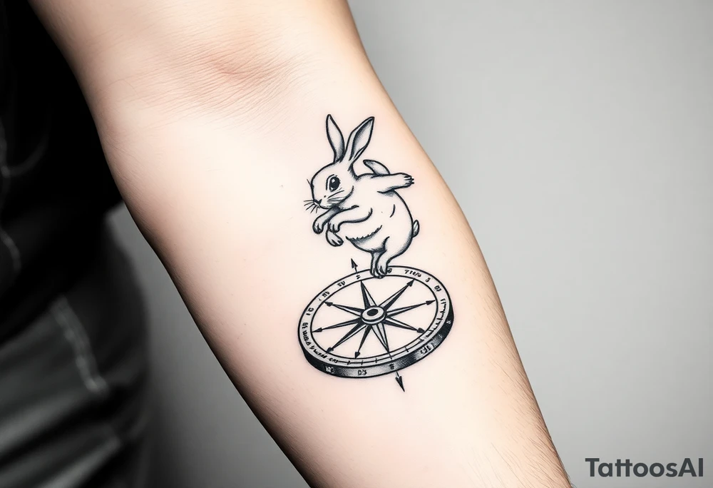 Rabbit jumping on top the compass that looks like a rabbit hole. tattoo idea