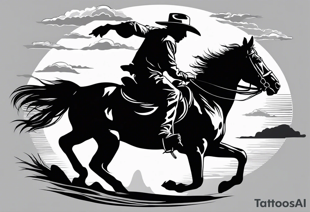 Cowboy on a horse riding in to the sunset silhouette tattoo idea