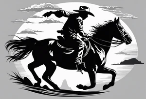Cowboy on a horse riding in to the sunset silhouette tattoo idea