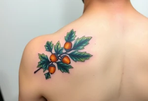 on the forearm an oak branch with thick leaves and acorns tattoo idea