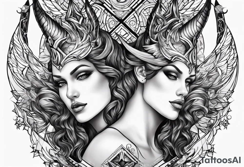 engel and devil look at each other from top and bottom, realistic tattoo idea