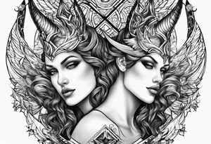 engel and devil look at each other from top and bottom, realistic tattoo idea