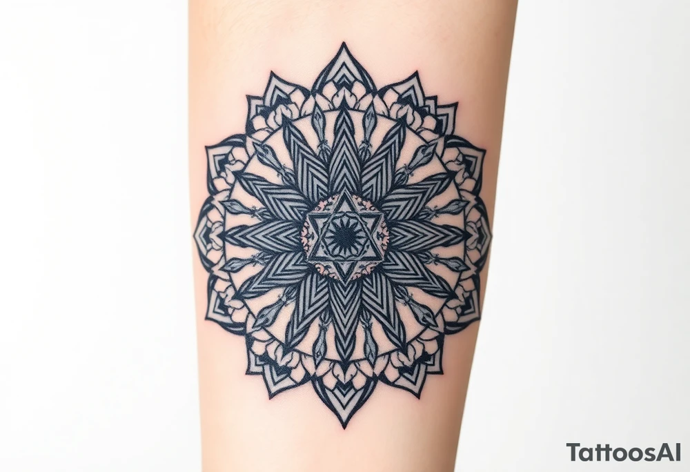 intricate mandala with sacred geometry and cosmic elements with honey combs filling in blank space tattoo idea