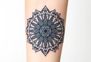 intricate mandala with sacred geometry and cosmic elements with honey combs filling in blank space tattoo idea