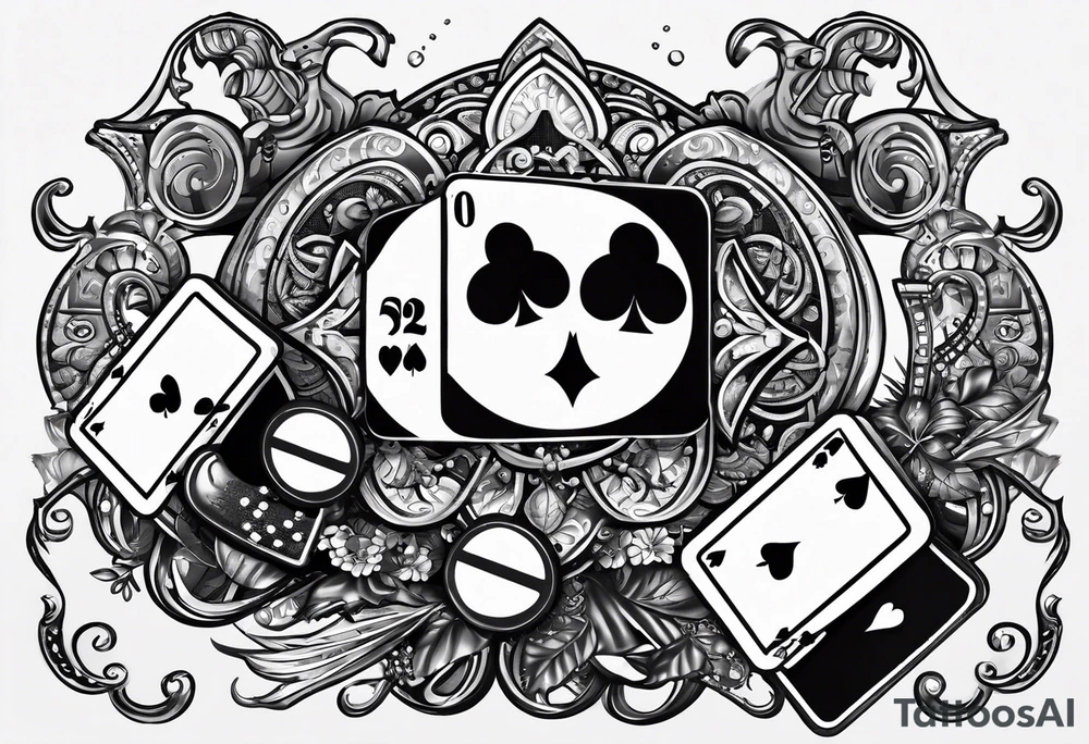 Gambling dice , poker cards , happy face sad face , number 23 , scorpion , guns , carpe diem , female stripper legs tattoo idea
