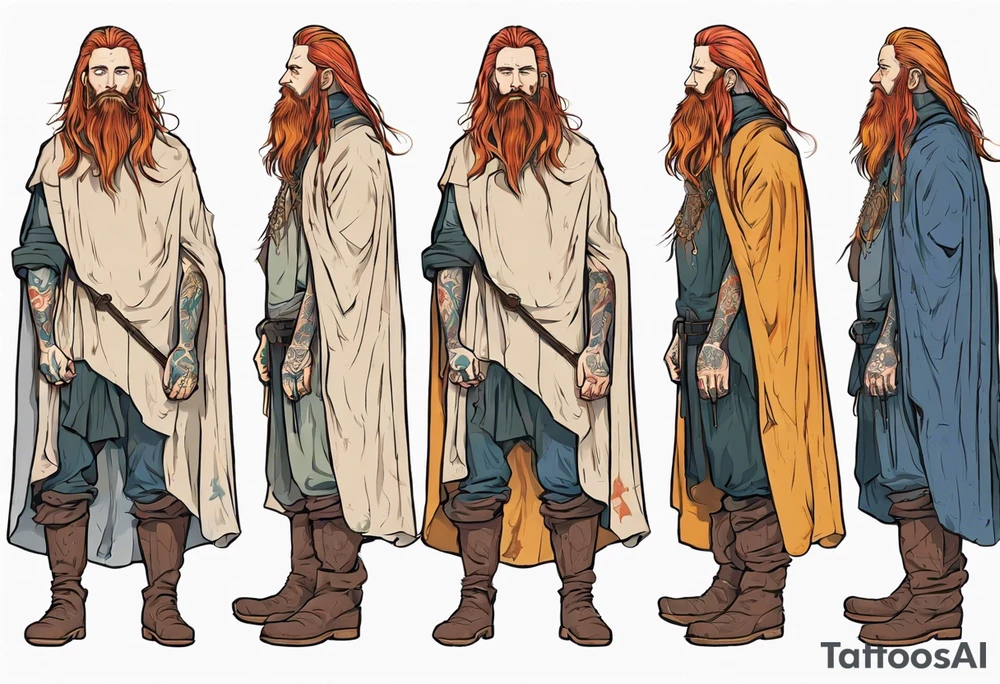 A tall, beautiful Swedish man with long multi-color hair and beard. Wearing a medieval cloak and boots. tattoo idea