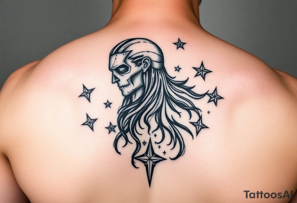 powerful black long human with stars tattoo idea