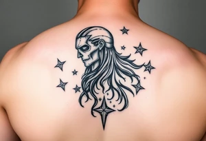 powerful black long human with stars tattoo idea