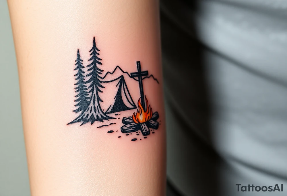 Campsite with a campfire with a cross tattoo idea