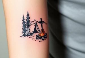 Campsite with a campfire with a cross tattoo idea