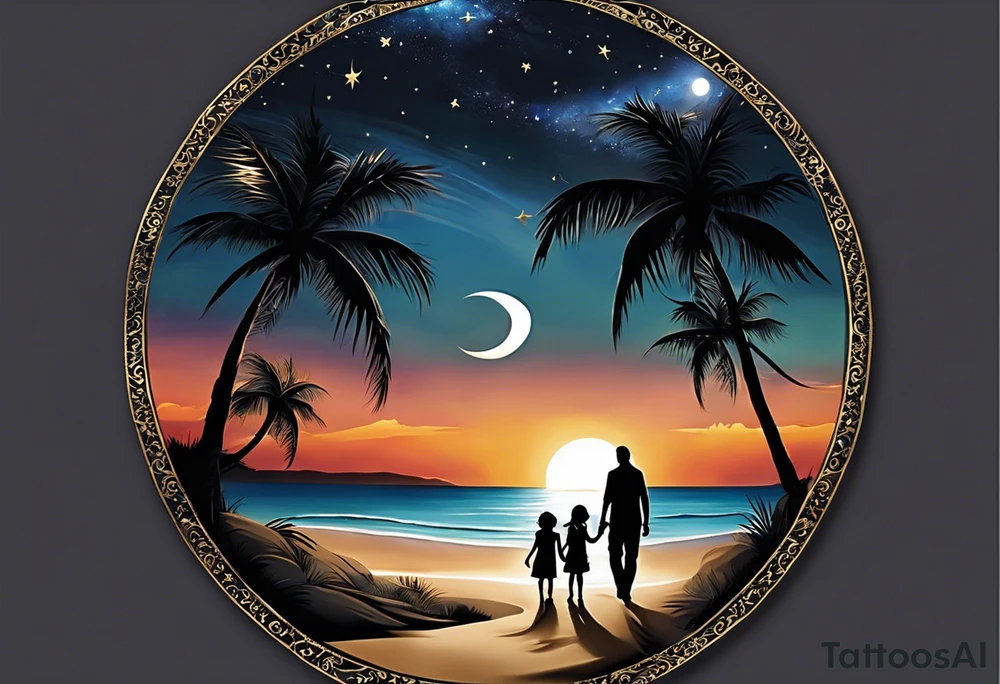Create a stunning image of a realistic tattoo design that features a husband and wife holding hands, accompanied by their two children, walking along a beautiful beach. The moon shines radiantly in the night sky, illuminating the serene scene. Let your creativity flourish as you envision the intricate details that bring this tattoo to life, encapsulating the essence of love, family, and the awe-inspiring beauty of nature. tattoo idea