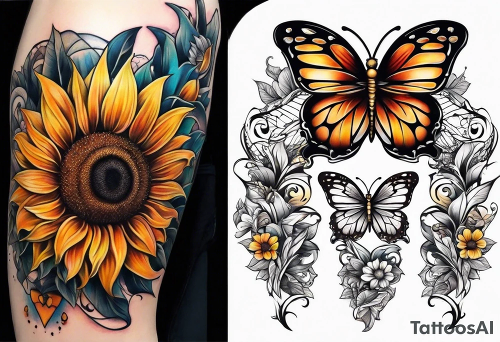 Sunflower and butterfly leg sleeve tattoo idea