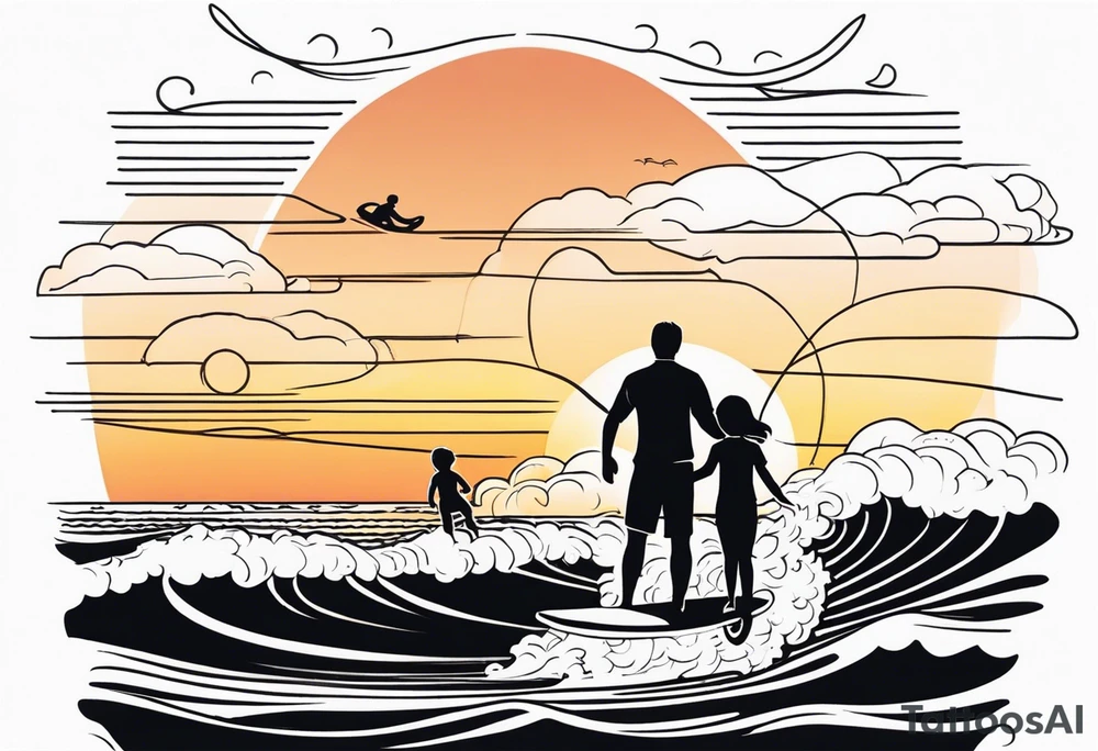 Black and white Line work tattoo depicting a father surfing with his two daughters.  The sunset and horizon have musical notes. tattoo idea