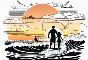 Black and white Line work tattoo depicting a father surfing with his two daughters.  The sunset and horizon have musical notes. tattoo idea