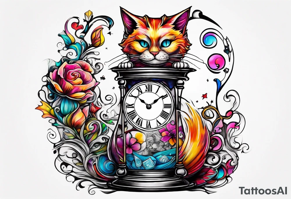 Semicolon chester cat on Alice in wonderland broke clock hour glass tattoo idea